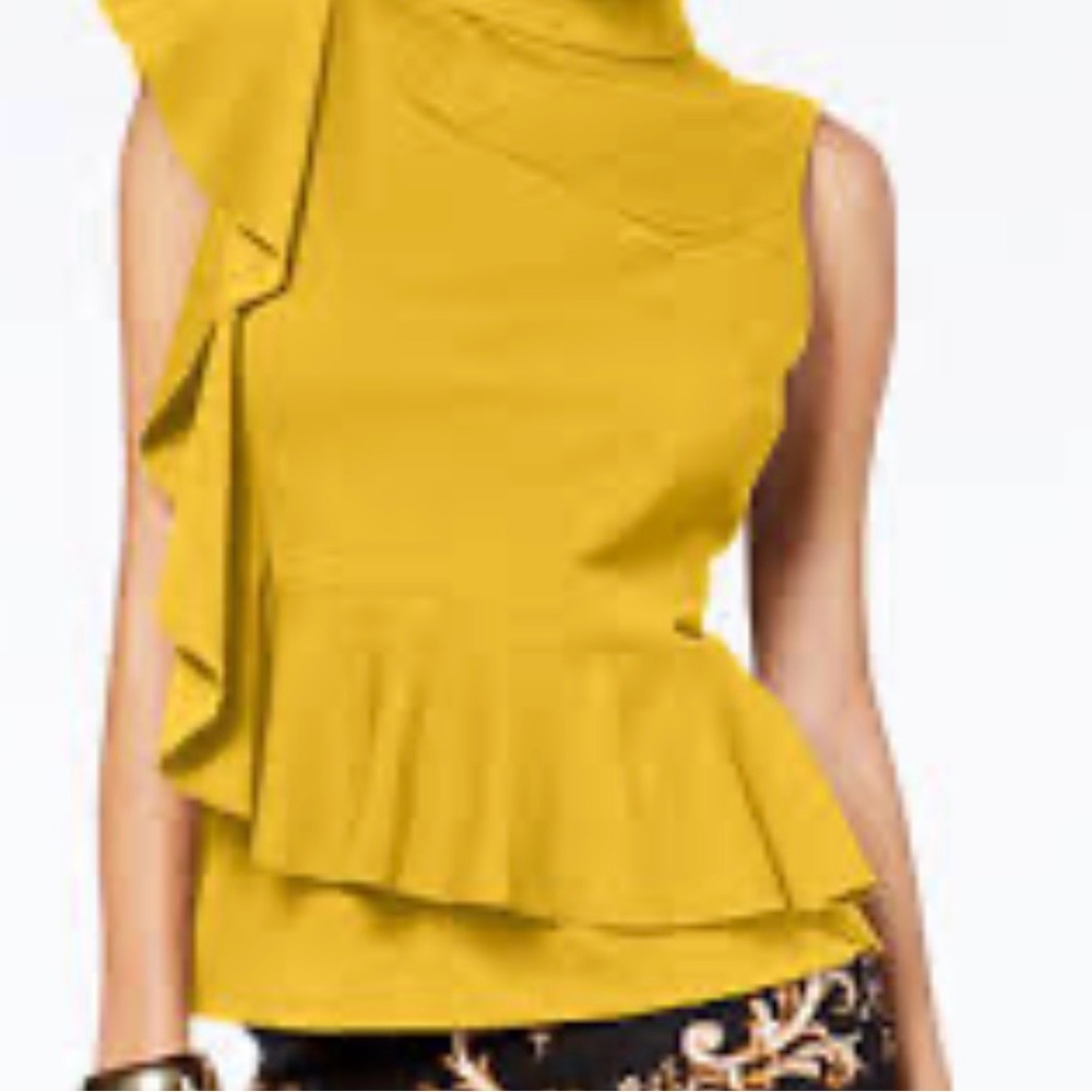 Thalia Sodi Womens Mustard Yellow Ruffle‎ Peplum High Neck Blouse Top Small